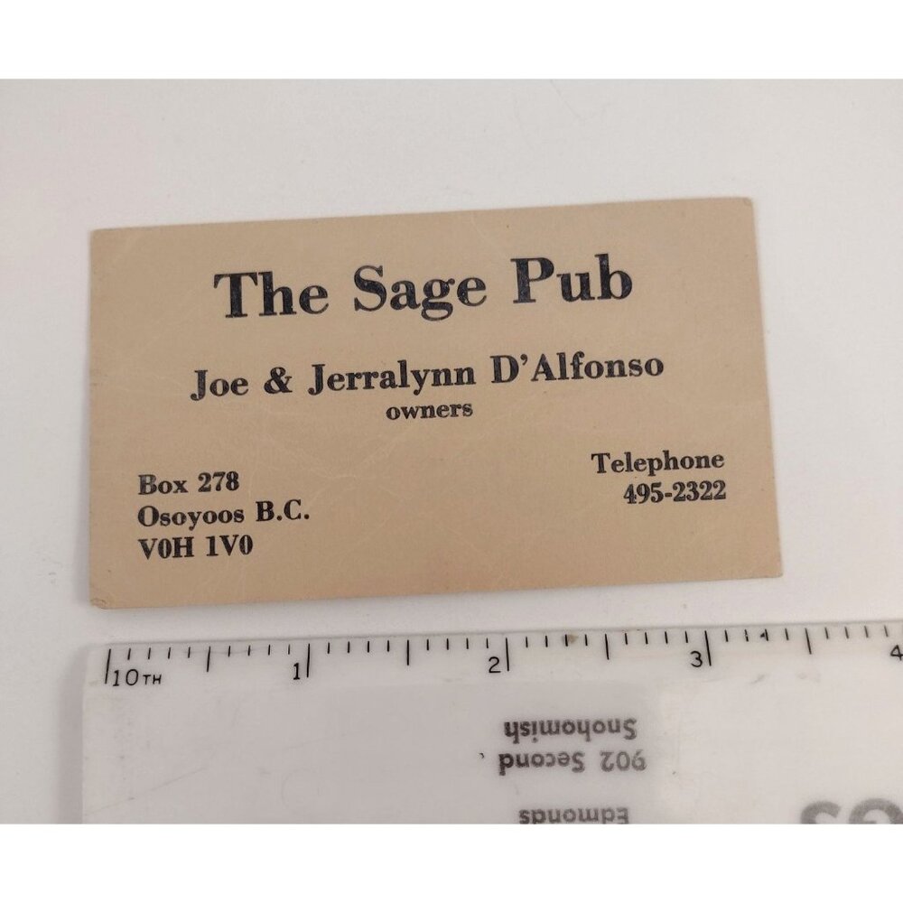 The Sage Pub Vintage Business Card Osoyoos B.C. Canada Joe & Jerralynn DAlfonso
